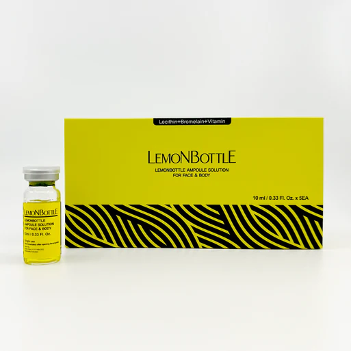Frasco amarelo de ampola e caixa amarela com padrão preto e texto LEMONBOTTLE