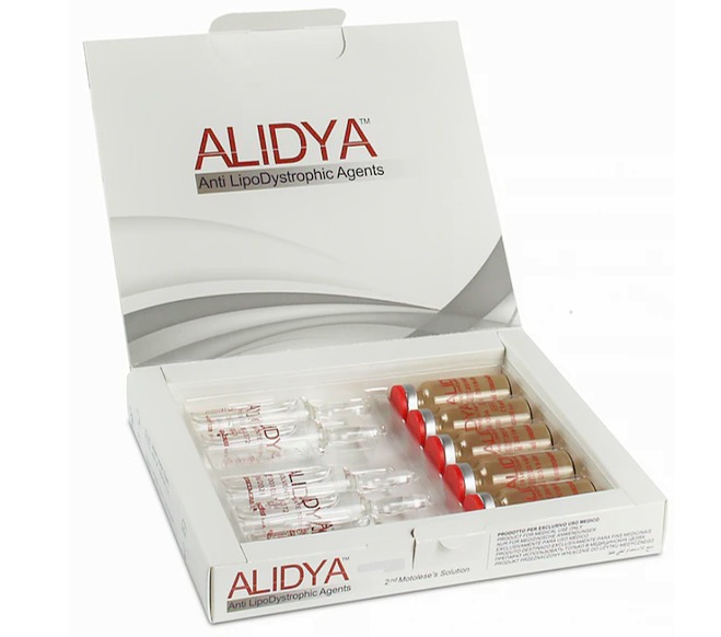 Caixa branca aberta com ampolas ALIDYA com tampas vermelhas