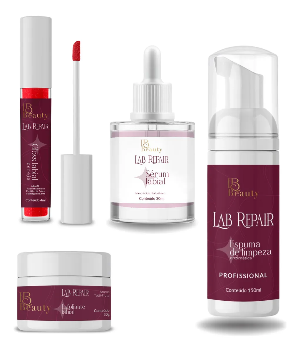 Produtos cosméticos LAB REPAIR LB Beauty em branco e bordô