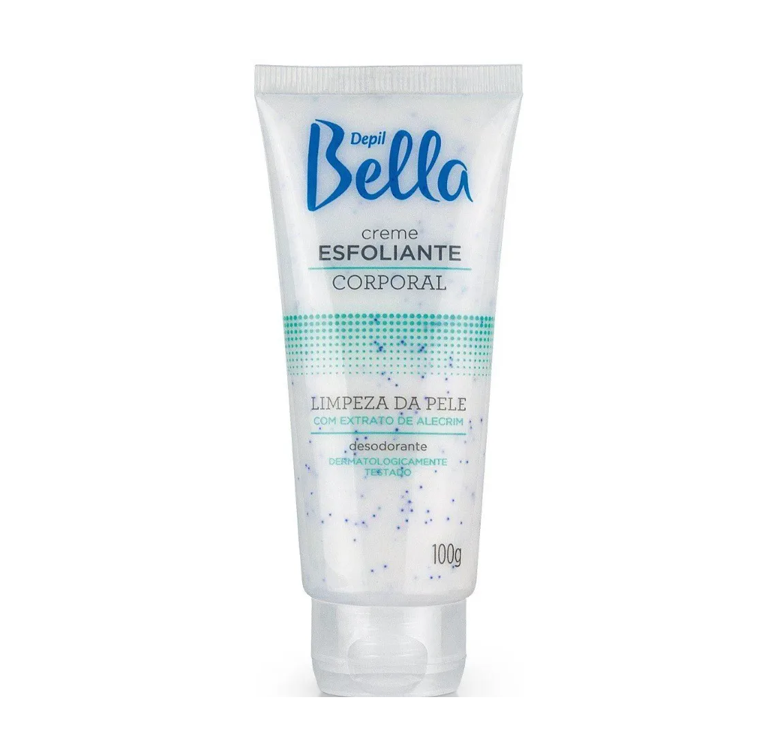 Tubo de creme esfoliante corporal Depil Bella com bolinhas azuis