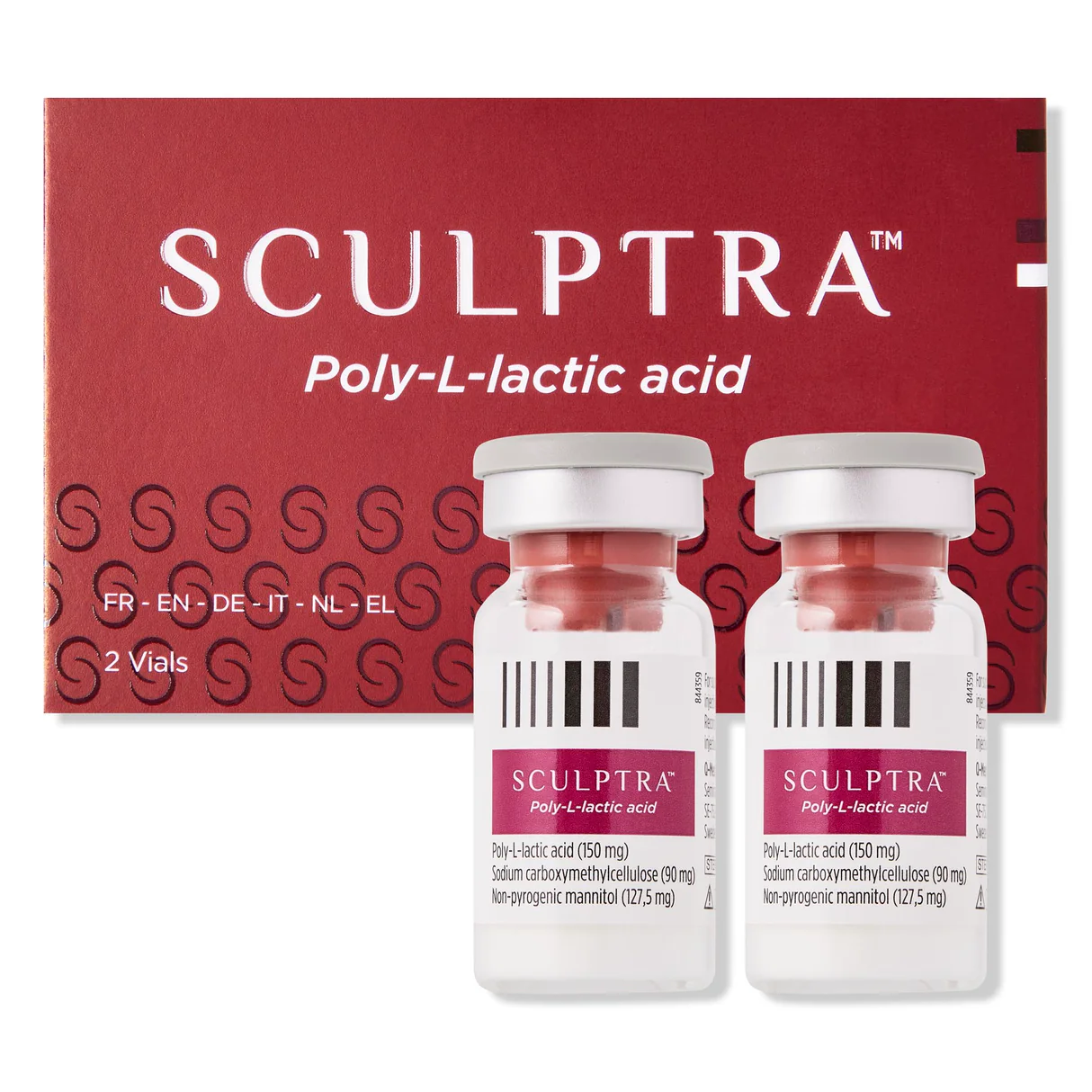 Duas ampolas de SCULPTRA frente a uma caixa vermelha com texto branco