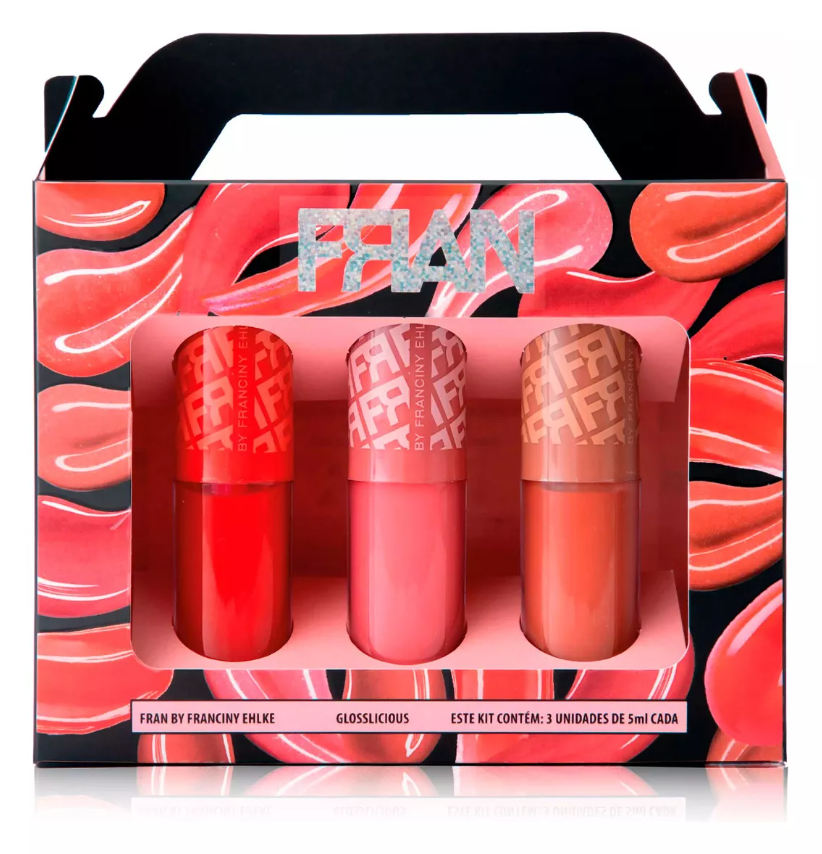 Conjunto de três batons líquidos FRAN em embalagem decorada com bocas vermelhas