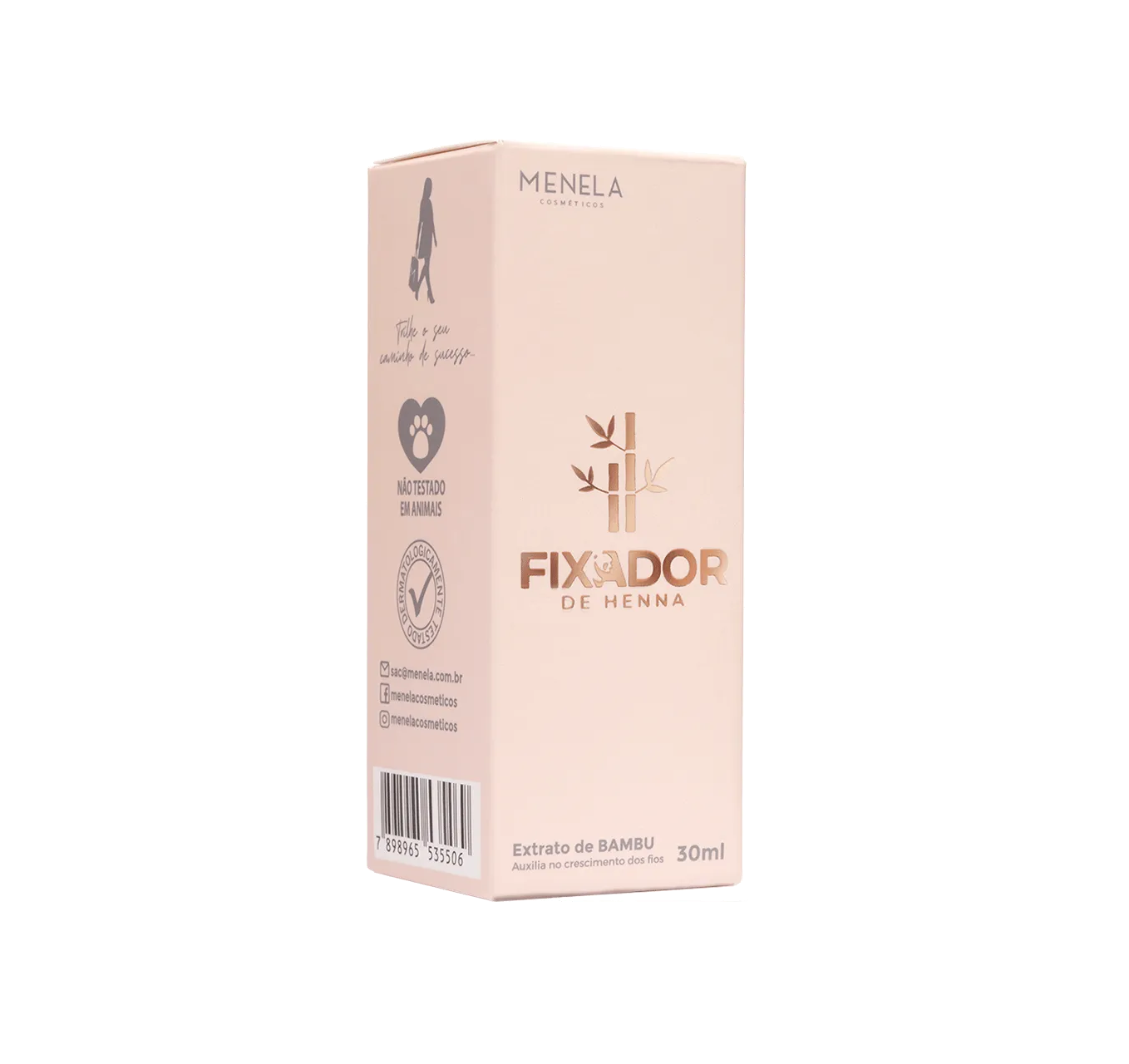 Embalagem rosa claro do FIXADOR DE HENNA Menela Cosméticos com texto e ícones