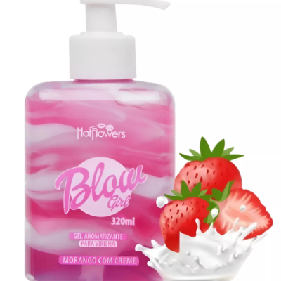 Frasco de gel aromatizante rosa e branco com bomba, rótulo Hotflowers Blow Girl Morango com Creme e morangos com creme ao lado