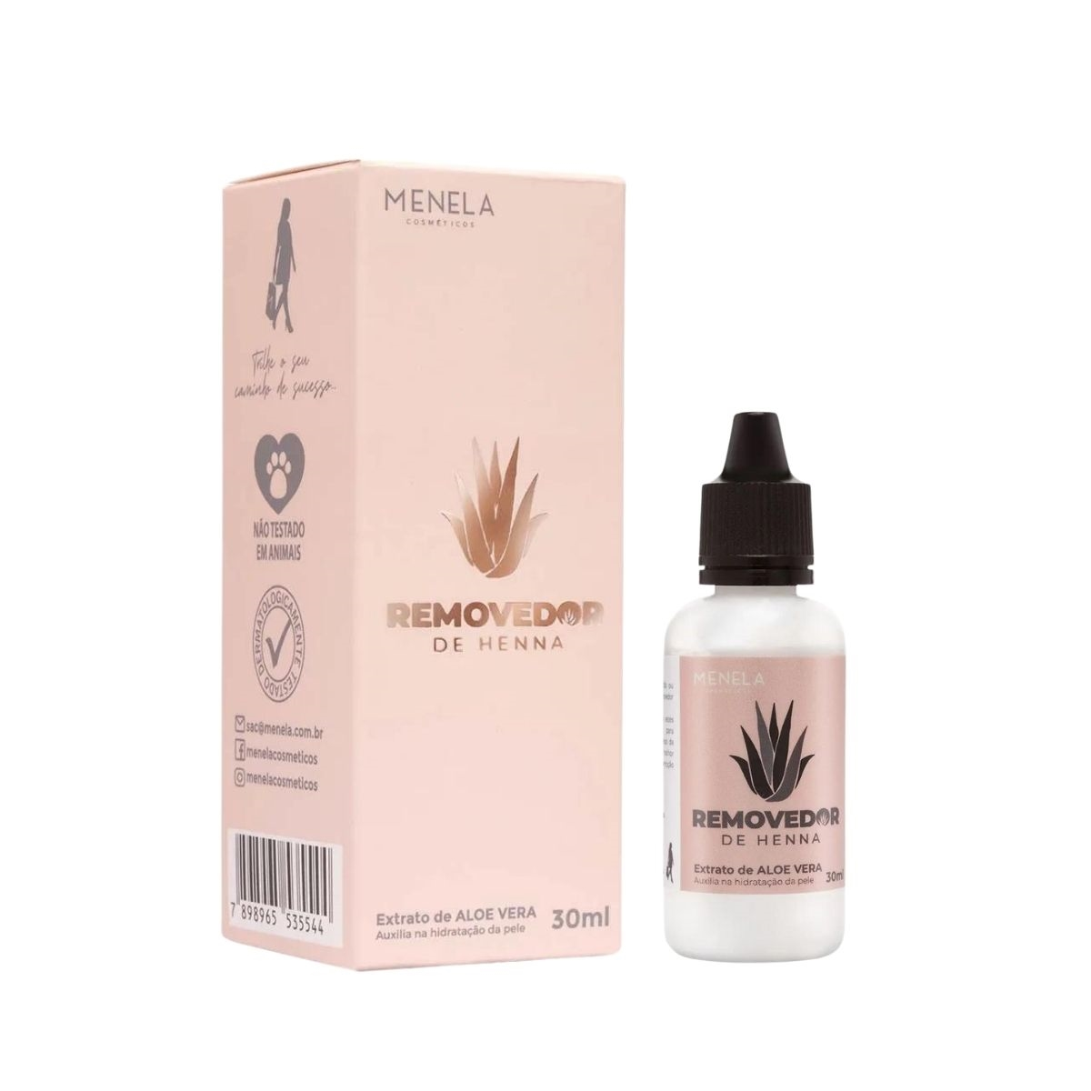Removedor de henna Menela com embalagem rosa e frasco branco