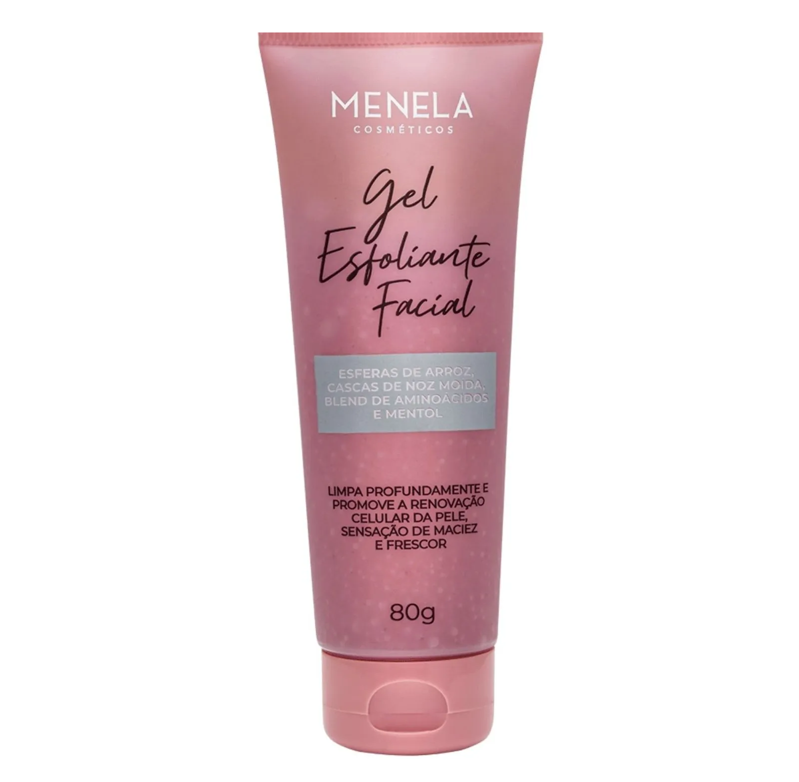 Gel esfoliante facial Menela Cosméticos em embalagem rosa