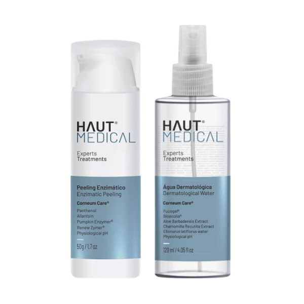 Dois produtos HAUT MEDICAL, Peeling Enzimático e Água Dermatológica, embalagens branca e transparente, fundo branco.