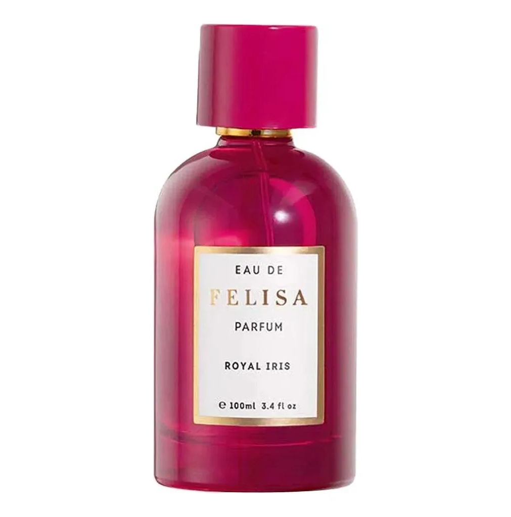 Frasco de perfume vermelho com rótulo branco e texto dourado e preto.