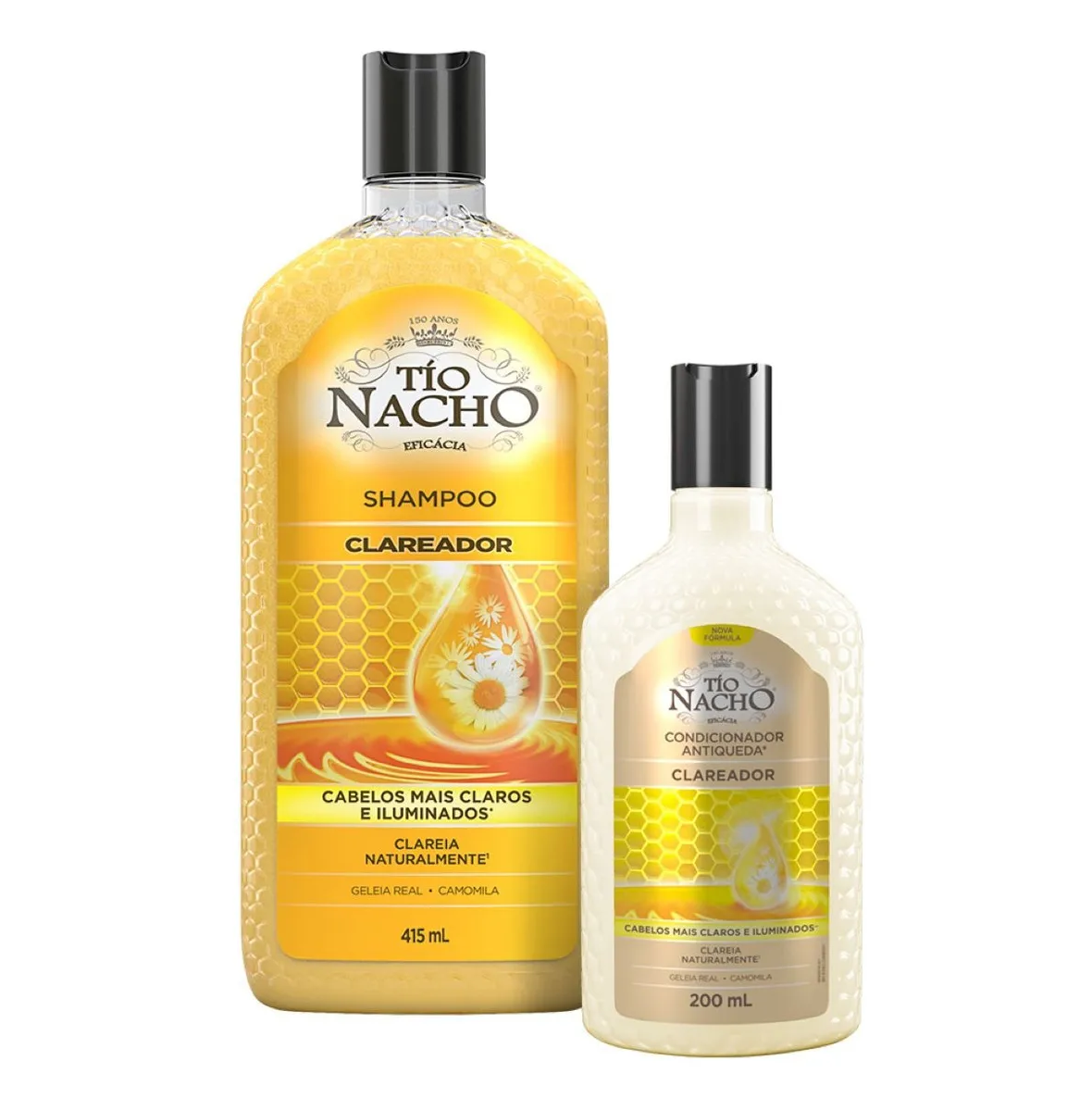 Shampoo e condicionador Tío Nacho clareador com rótulos amarelos e dourados