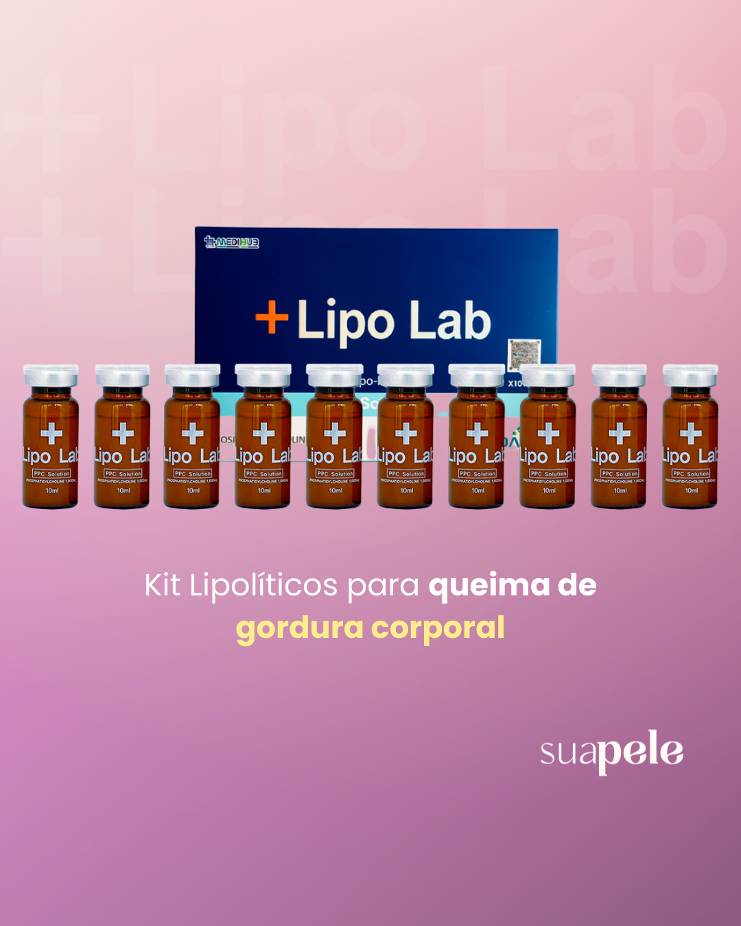 Kit de frascos +Lipo Lab para queima de gordura corporal com caixa azul e fundo rosa.