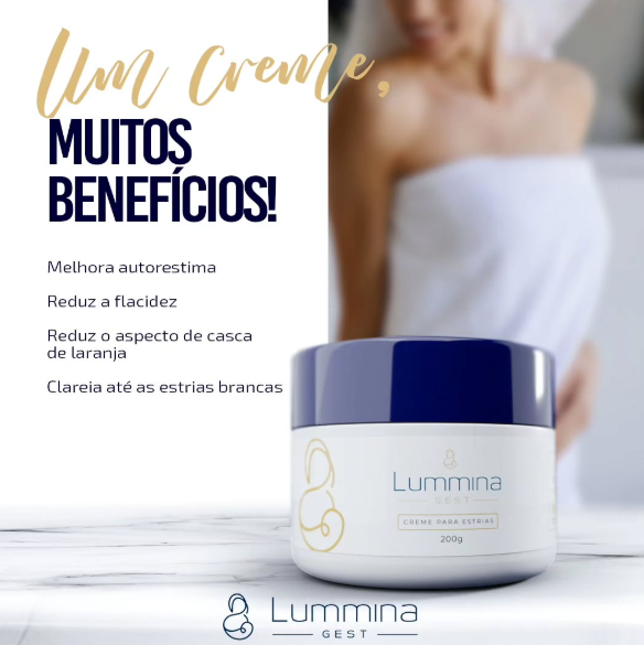 Creme Lummina Gest para estrias em embalagem branca com tampa azul e texto promocional em português.
