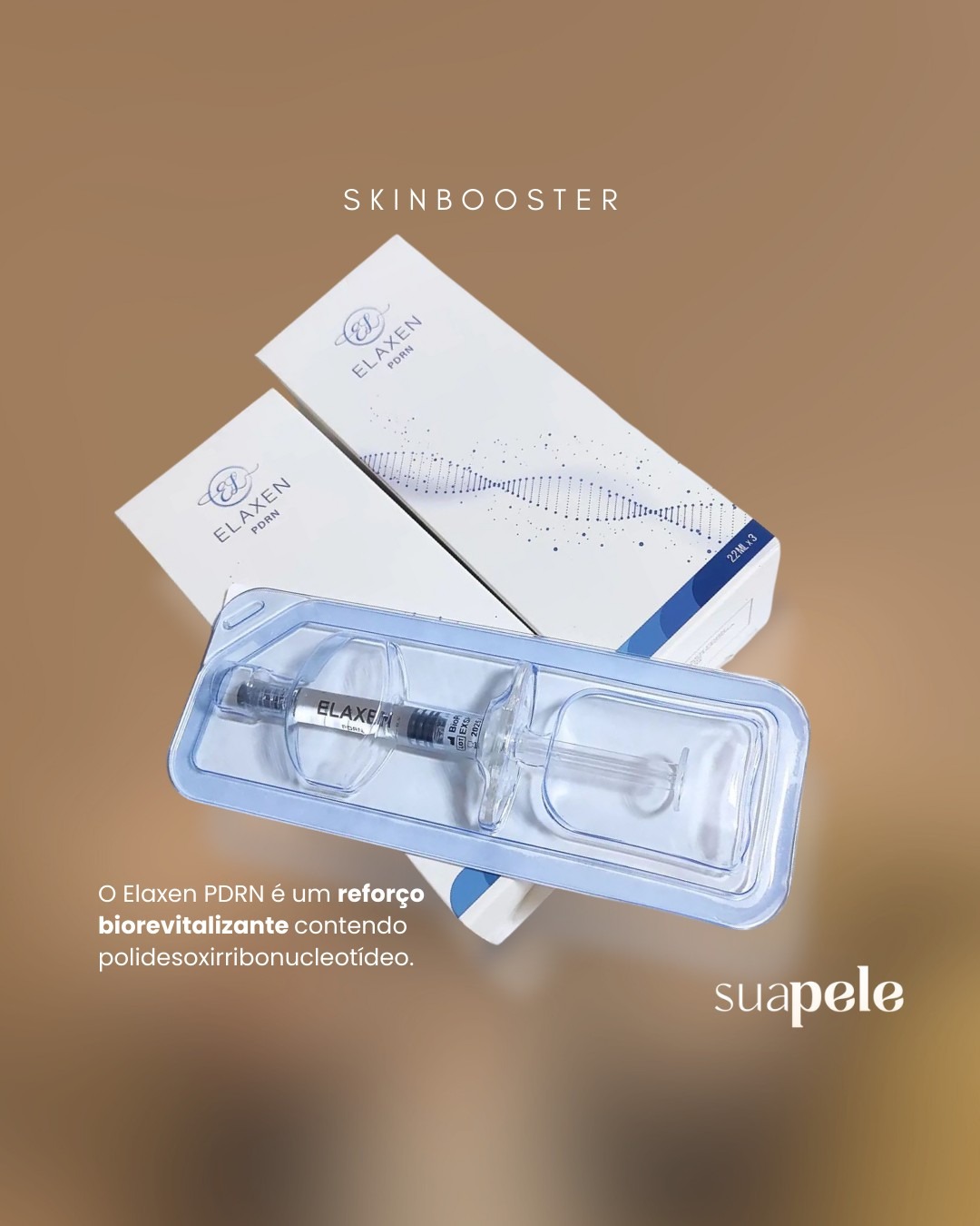 Produto Elaxen PDRN Skinbooster com seringa e embalagem branca e azul