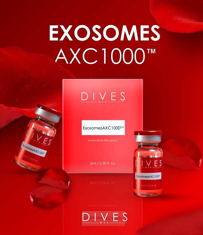 Produto Exosomes AXC1000™ da marca DIVES com embalagem vermelha e ampolas rodeadas por pétalas de rosa vermelhas