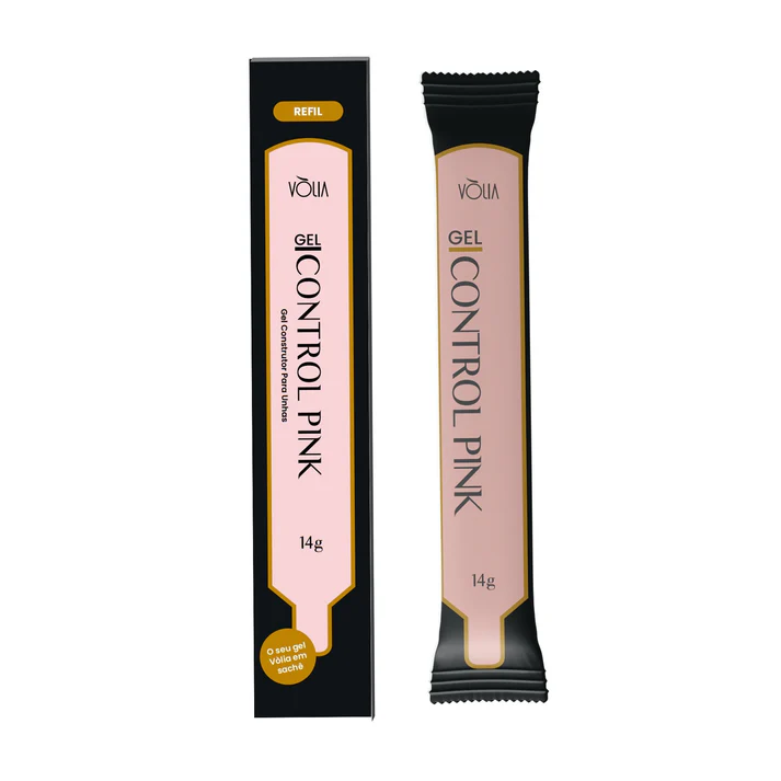 Gel para unhas VÓLIA GEL CONTROL PINK 14g, embalagem rosa e preta com caixa preta e rosa.