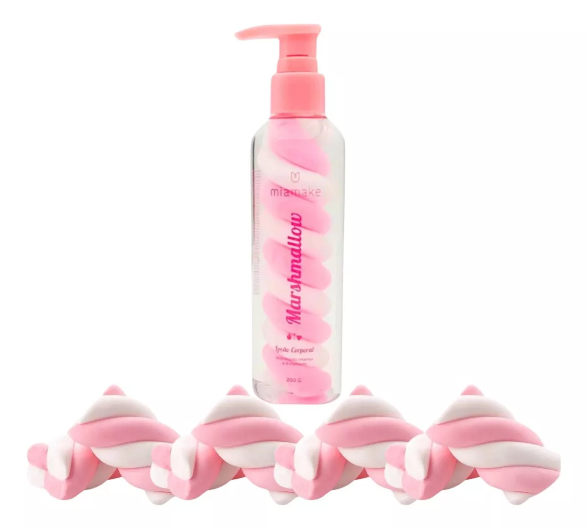 Frasco com líquido rosa e bomba rosa ao lado de marshmallows rosa e branca