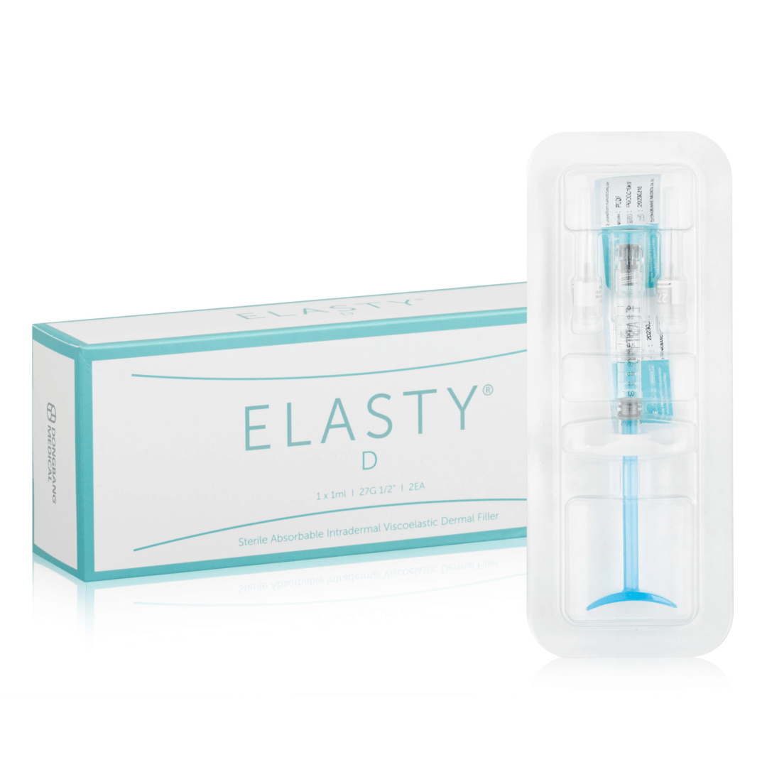 Produto ELASTY D em caixa branca e azul com seringa viscoelástica intracutânea na embalagem plástica