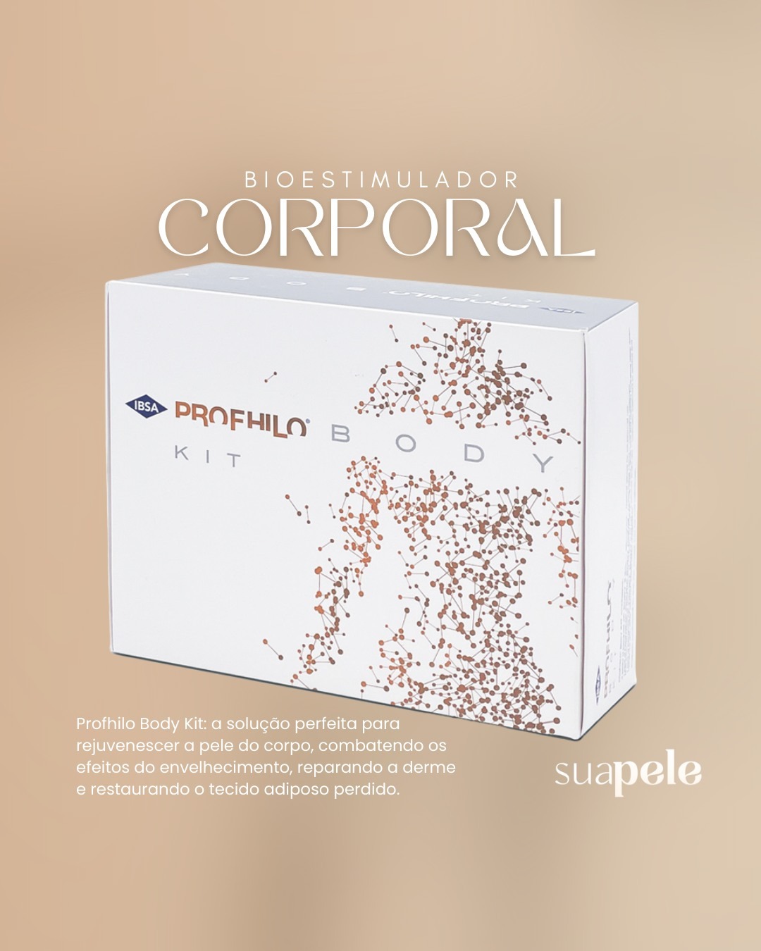 Caixa de produto Profhilo Body Kit branco com design de pontos dourados formando corpo humano em fundo bege