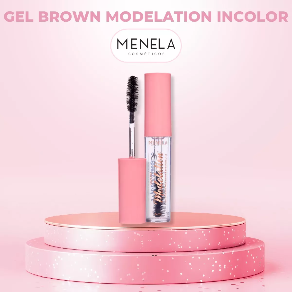 Gel para sobrancelhas MENELA Cosmetics em embalagem rosa e transparente com aplicador escova