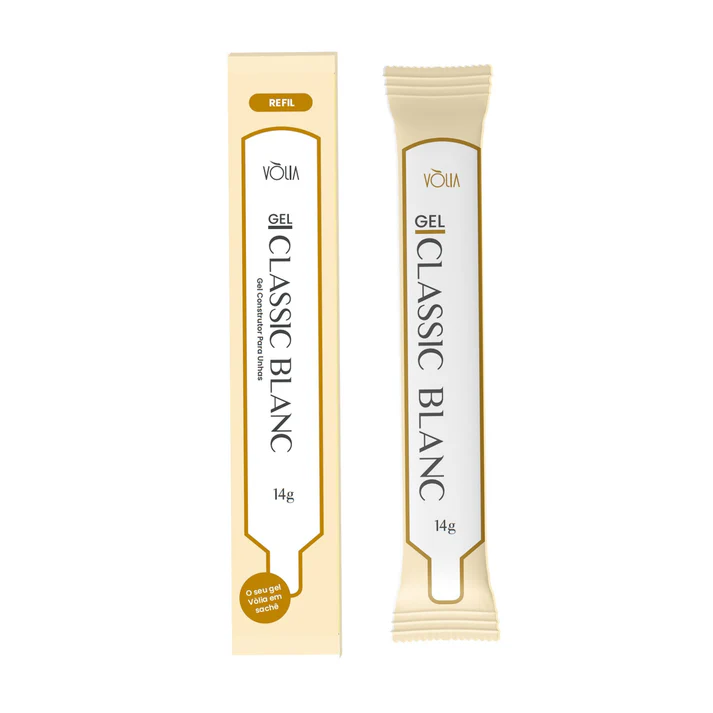 Embalagem e sachê do gel Classic Blanc Vòlia 14g em fundo branco