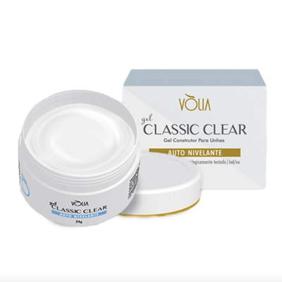 Gel para unhas Vólia Classic Clear em pote branco aberto com caixa ao fundo