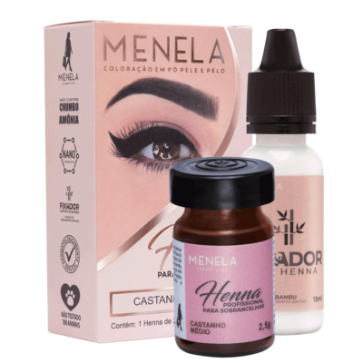 Kit de coloração Menela henna castanho médio para sobrancelhas com frasco fixador e embalagem rosa