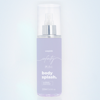 Frasco spray body splash lilás com tampa transparente e textos em branco