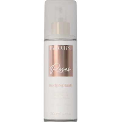 Frasco de spray para corpo transparente com tampa branca fosca e rótulo rose gold