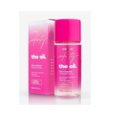 Frasco e embalagem rosa do óleo corporal hidratante We Pink Infinity the oil
