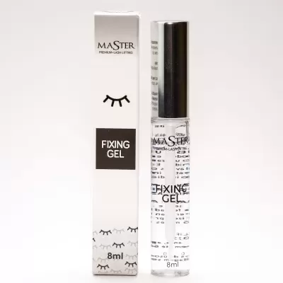 Gel fixador para pestanas Master em embalagem branca e frasco transparente