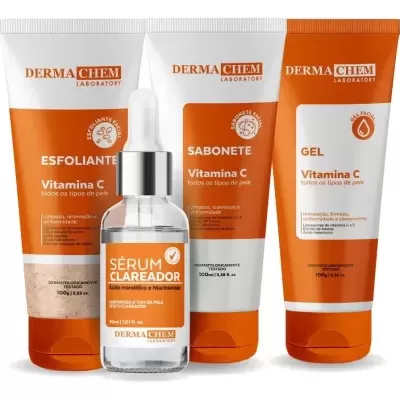 Produtos cosméticos Derma Chem em embalagens brancas e laranja com textos em português.