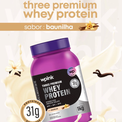 Frasco de suplemento whey protein sabor baunilha com detalhes em roxo e azul