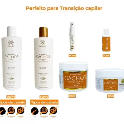Conjunto de produtos para ativação de cachos Samontté com rótulos brancos e laranja para vários tipos de cabelo cacheado.