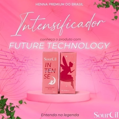 Embalagens cor-de-rosa do Intensificador SourCil sobre suporte com fundo rosa e texto promocional