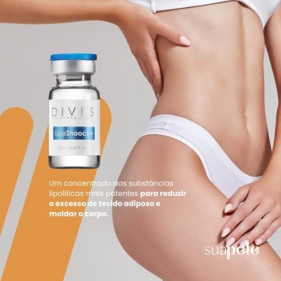 frasco de LipoShock ao lado do tronco e quadril de mulher em roupa interior branca