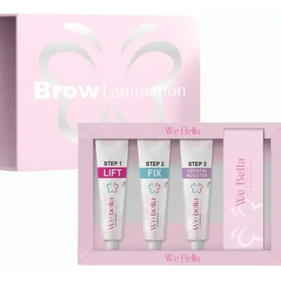 Kit de laminação de sobrancelhas We Bella com 3 tubos e caixa rosa clara