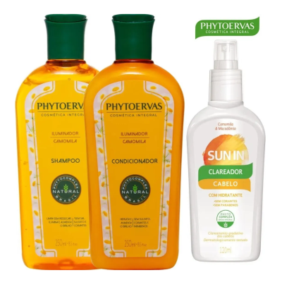 Três produtos PHYTOVERVAS cosmética integral, shampoo, condicionador e clareador de cabelo.