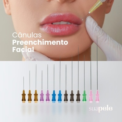 Mulher a receber preenchimento facial com cânula e várias cânulas coloridas alinhadas