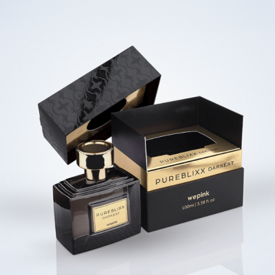 Frasco de perfume PREBLIXX DARKEST webpink com embalagem preta e dourada