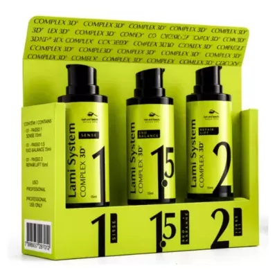 Conjunto de três frascos de produtos Lami System COMPLEX 3D amarelos e pretos