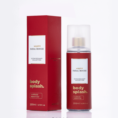 Frasco e caixa vermelhos de body splash FATAL ROUGE da wepink