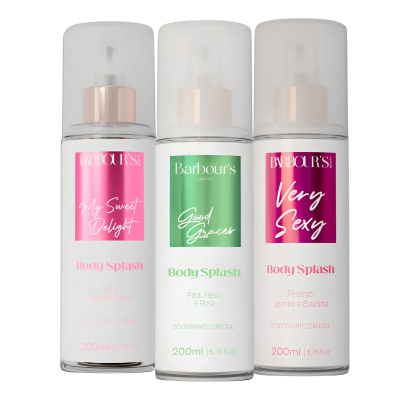 Três frascos brancos de Body Splash Barbour’s com etiquetas rosa, verde e bordeaux