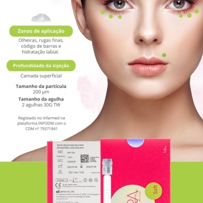 Produto cosmético Cara Lidocaine HA Filler com seringa e embalagem rosa e rosto feminino com indicações verdes.
