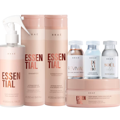Produtos de cuidados capilares BRAÉ ESSENTIAL com frascos rosa e branco