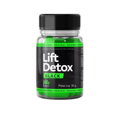 Frasco de suplemento alimentar Lift Detox Black com cápsulas verdes