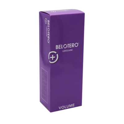 Embalagem roxa de produto BELOTERO LIDOCAINE VOLUME com texto branco