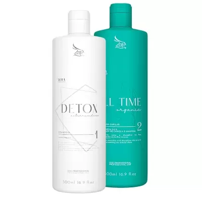 Dois frascos de shampoo, um branco e um verde, com textos da marca Zoê.