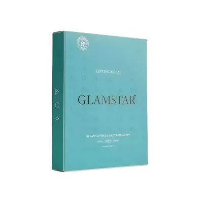 Caixa azul turquesa com texto Glamstar e símbolos geométricos