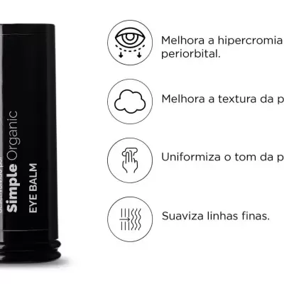 Produto Simple Organic EYE BALM em embalagem preta com texto e ícones com benefícios ao lado