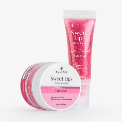 Produtos Tulipia Sweet Lips em embalagem rosa e branca, esfoliante e gloss labial