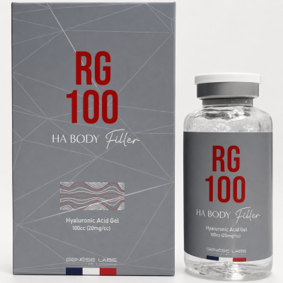 Frasco e caixa de produto cosmético RG 100 HA BODY Filler com ácido hialurónico
